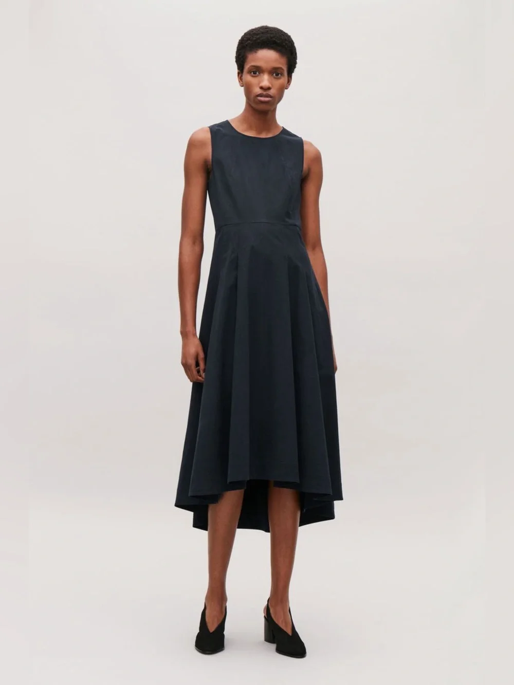COS Waisted Pleated Sleeveless Midi Dress Black High Low Hem Small Minimalist - Picture 1 of 11